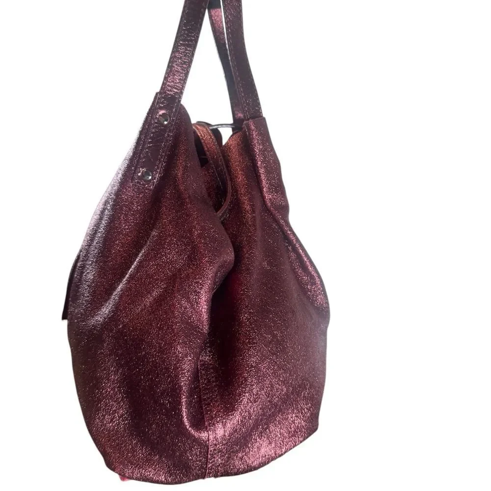 TIFFANY & CO Ruby Red Metallic Leather & Suede Reversible Small Bucket Hobo Bag